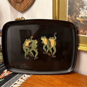Vintage Couroc Tray with Wood and brass Inlay Dancing Frogs